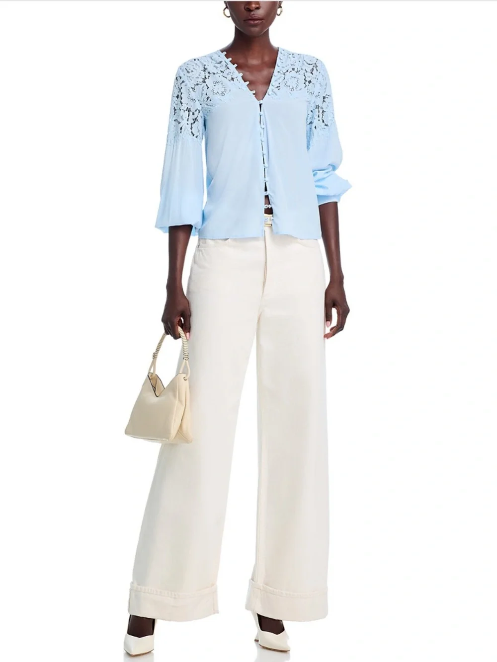 Generation Love Pale Blue Lace Yoke V-Neck Blouse